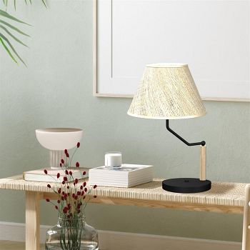 Etna Black and Wood Table Lamp with Rattan Shade MLP7278