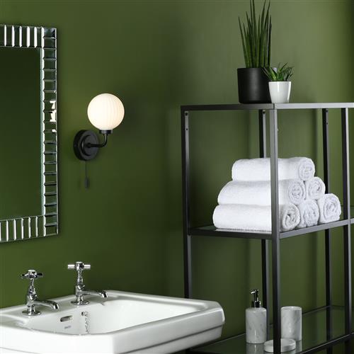 Alrik IP44 Bathroom Black Single Arm Wall Light Opal Glass ALR0722