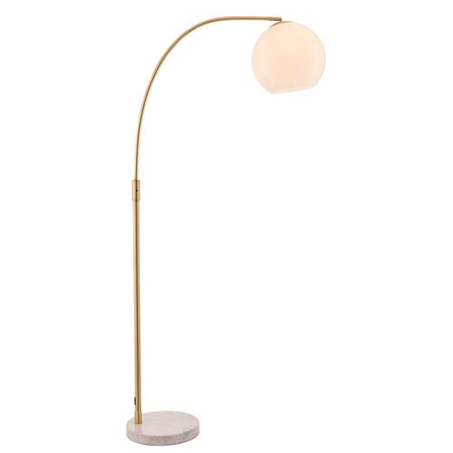 Basma Brushed Brass Opal White Marble, Brass Curved Floor Lamp