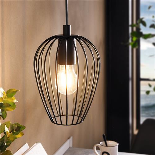 Newtown Small Black Steel Caged Single Ceiling Pendant 49477