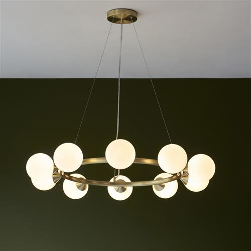 Ten Light Pendant Satin Brass and White Glass Bryson-BY10