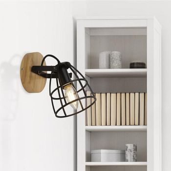 Vision Black and Wood Round Single Wall Light 81698-1BK